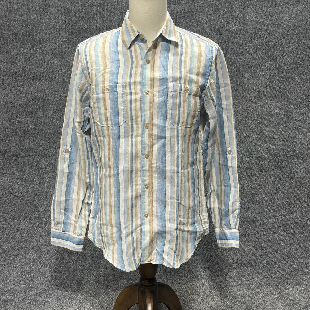 Black Brown 1826 Shirt Mens Small White Striped Linen Long Sleeve Button Up